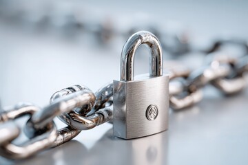 A shiny, metal padlock secures a heavy chain, symbolizing security and protection, set against a smooth, light-colored surface, highlighting its strength.
