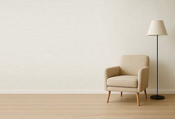 A minimalist interior design scene with a comfortable armchair and a floor lamp.
