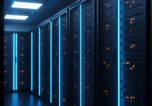 High-tech server room with glowing blue lights and data racks