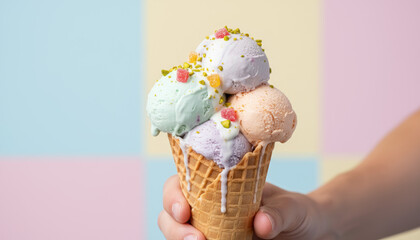 Hand Holding Waffle Cone With Five Scoops Of Colorful Ice Cream Toppings Sprinkles Pistachios Pastel Background