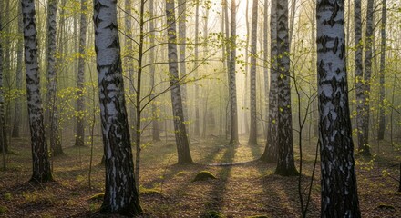 Golden Morning Sunlight Filtering Through a Tranquil Spring Birch Forest