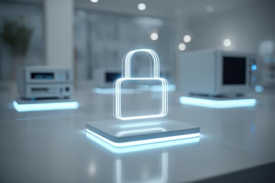 A futuristic security system display with a glowing padlock, symbolizing digital protection and cutting-edge technology for data encryption and privacy measures.