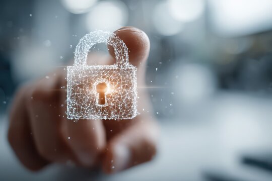 A digital composite of a hand touching a virtual padlock, representing cybersecurity and data protection on an abstract network background with blurred office scene.