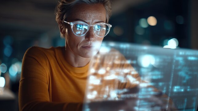 Software Developer Working on Holographic Laptop in Bright Minimal Office