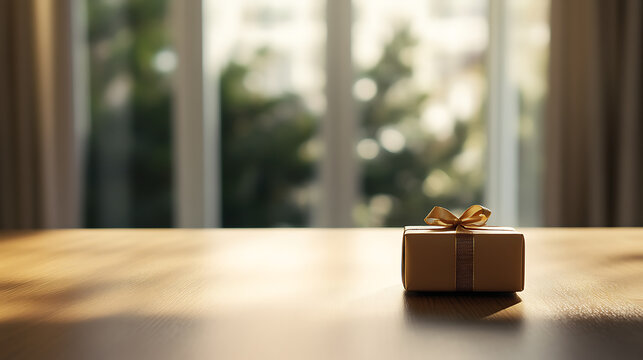A gift box sits on a sunlit table near a window, promising joy and anticipation. The simplicity of the scene enhances the special moment of giving. A timeless memory to cherish.