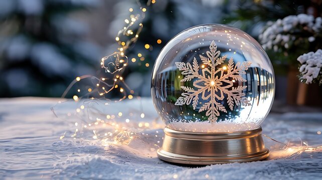 Magical winter snowflake snow globe illuminated by warm fairy lights on a frosted surface with blurred festive background