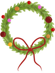 A festive Christmas wreath adorned with vibrant ornaments and a delicate red bow