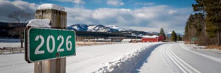 Winter landscape with a wooden post displaying the year 2026 next to a snow covered road leading to distant buildings and mountains under a cloudy sky