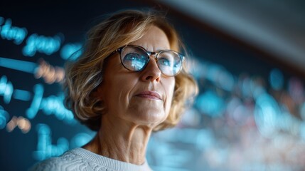 European Female Professor Giving Lecture with Holographic Charts