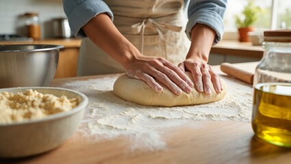 Hands kneading fresh dough on a floured wooden kitchen counter, preparing traditional homemade bread, a healthy baking activity promoting domestic life and culinary skills