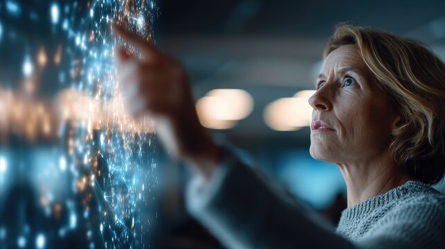 European Female Professor Giving Lecture with Holographic Charts