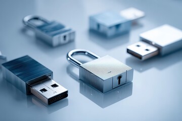 Artistic conceptual photo of USB flash drives with padlocks, symbolizing data protection and security, highlighting digital privacy and confidential information transfers.