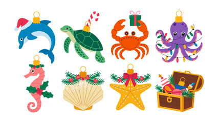 Festive Marine Ornament Collection: A charming collection of Christmas ornaments, each adorned with a whimsical marine creature theme, ready to add a splash of holiday cheer.  © hafs121