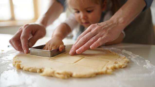 Parent and child hands preparing homemade sugar cookies together, using a square cookie cutter on rolled dough, sharing a joyful learning and bonding experience in the kitchen