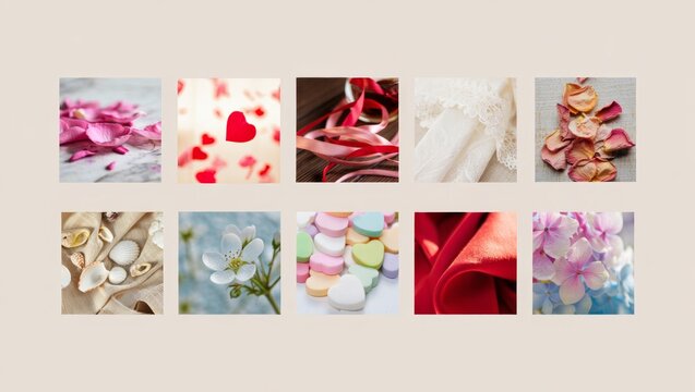 Love and romance theme collage displaying hearts, rose petals, ribbons, seashells, lace fabric, blooming flowers, and sweet candy for valentine's day