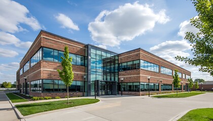 Modern brick and glass office building exterior with lush green landscaping under a bright blue sky with fluffy white clouds