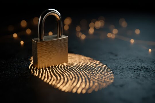 A golden padlock and fingerprint illustrate the concept of biometric security, data protection and secure access to sensitive information, creating a feeling of trust and safety.