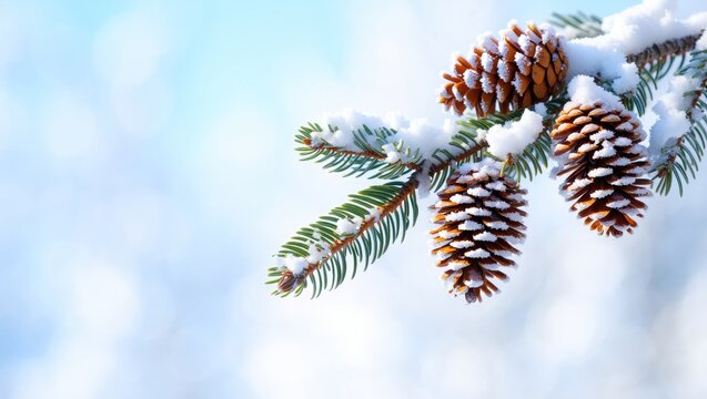 Pine tree branch featuring multiple snow dusted pine cones and vivid green needles, symbolizing winter, nature, and the serene beauty of the cold season