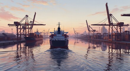 Fototapeta premium Cargo ship entering bustling port at sunrise