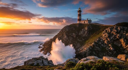 Dramatic Sunset Over Lighthouse on Rugged Coastline with Crashing Waves