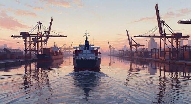 Cargo ship entering bustling port at sunrise