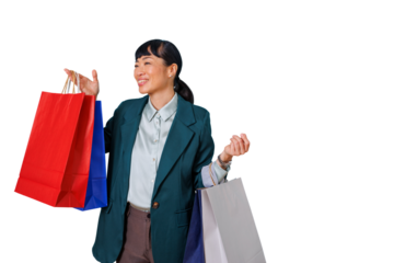 Happy woman enjoying shopping spree, holding colorful bags with recent purchases on transparent background