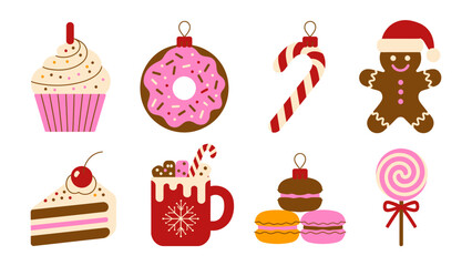 Festive Sweets: Delightful assortment of holiday sweets, including a cupcake, doughnut, candy cane, gingerbread man, piece of cake, hot chocolate, macarons, and lollipop.