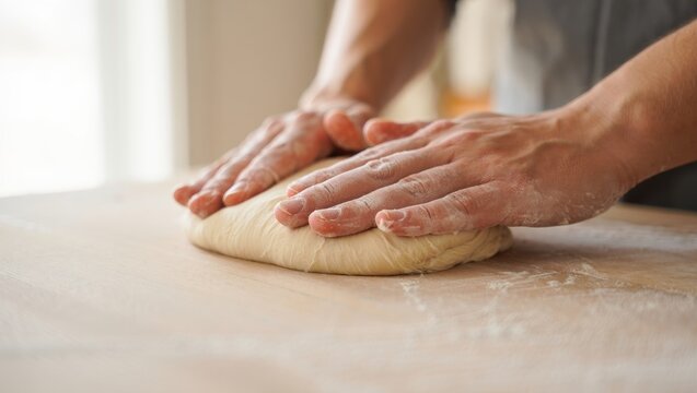 Hands kneading fresh bread dough on a floured wooden table, creating a smooth texture for homemade baking that evokes traditional craftsmanship, comfort, and home cooking