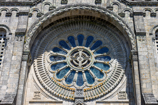 Viana do Castelo, Portugal. Close view of the main facade rose window of the Sanctuary of Santa Luzia, a large granite oculus inspired by French Gothic designs and completed in 1943
