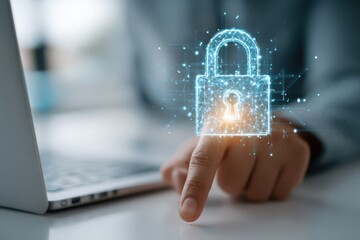 Digital security concept with person touching a lock icon displayed on screen, symbolising data protection and online safety in the digital world technology era.