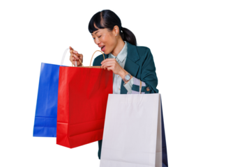 Asian woman feeling excitement while opening colorful shopping bags after successful retail therapy, transparent background