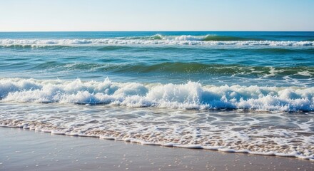 Vibrant Ocean Seascape with Foaming Waves Breaking on a Sunny Sandy Beach