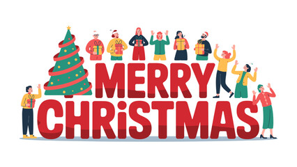 Festive Christmas: joyful scene with the lettering Merry Christmas and diverse individuals holding presents, and decorated tree brings holiday cheer and celebration.