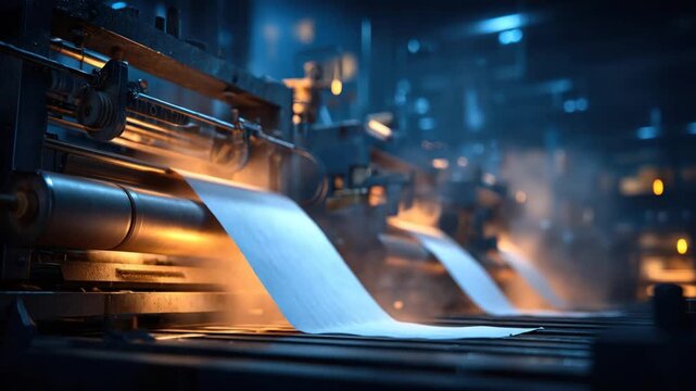 Machine processes paper, rolls, and pulls the material against light in a factory setting