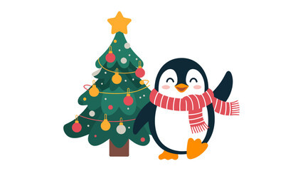 Holiday Penguin Greetings: A cheerful cartoon penguin stands beside a decorated evergreen tree, sporting a festive scarf and waving a welcoming gesture. The image radiates warmth, joy.