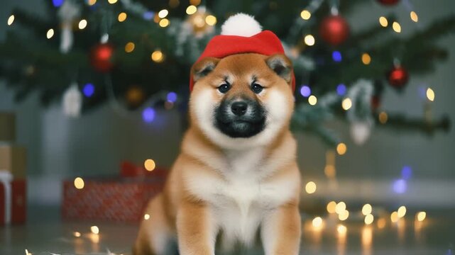 Ein niedlicher Shiba-Inu-Welpe sitzt unter einem festlich geschm&uuml;ckten Weihnachtsbaum