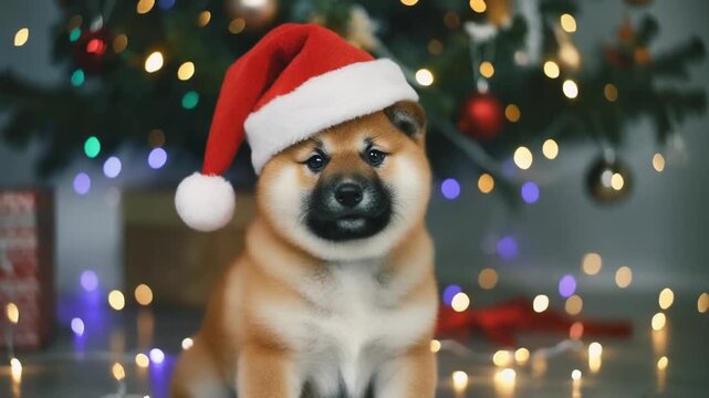 Ein niedlicher Shiba-Inu-Welpe sitzt unter einem festlich geschm&uuml;ckten Weihnachtsbaum