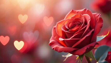 Red rose with delicate petals opening, illuminated by a warm glow, featuring soft blurry heart bokeh in the background, creating a romantic and loving ambiance for celebration