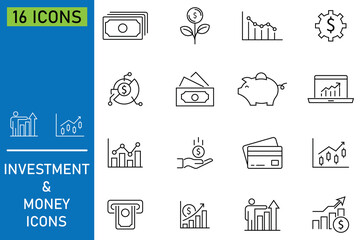 Set of money icon set. Includes symbols money, paycheck, growth, profit, coin, budget, income, growth, profit and finance. Outline symbol collection. wealth-building strategies for economic success. 
