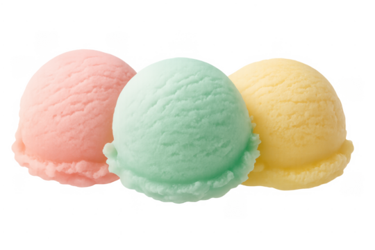 Three colorful ice cream scoops with transparent background