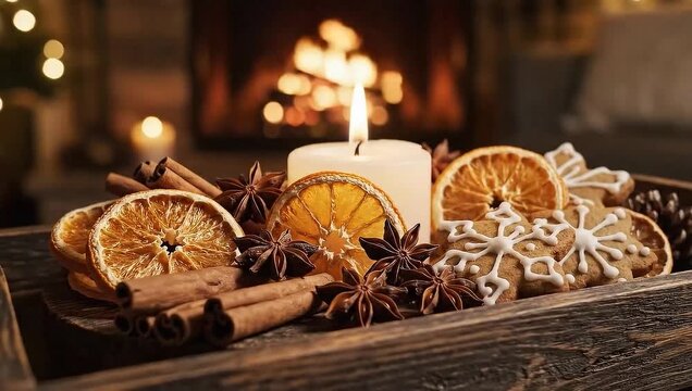 Slow orbit around Christmas centerpiece with gingerbread and dried oranges