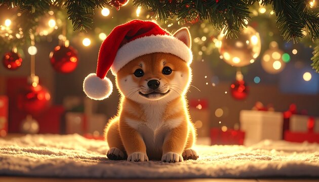 Ein niedlicher Shiba-Inu-Welpe sitzt unter einem festlich geschm&uuml;ckten Weihnachtsbaum