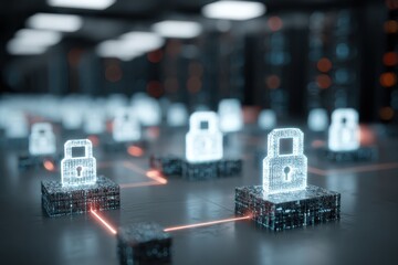 A futuristic cybersecurity concept featuring glowing padlock icons on a network, highlighting the importance of secure data transmission and protection.