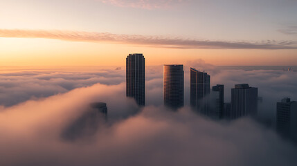Cityscape veiled in ethereal fog at sunrise. Skyscrapers piercing the cloud cover, illuminated by soft golden light. A serene, urban dreamscape awaits discovery.