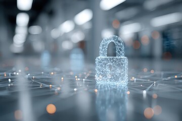 Digital data protection represented with a 3D glowing padlock and network connection, demonstrating cybersecurity and information privacy against cybercrime threats.
