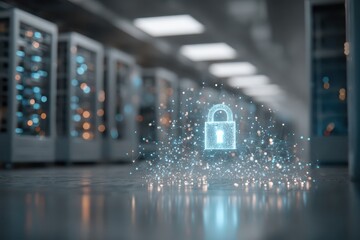 Digital security concept featuring a glowing padlock with a server room background. Emphasizes network security in a modern, data-driven world.