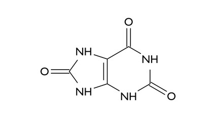 uric acid molecule, structural chemical formula, ball-and-stick model, isolated image organic acids