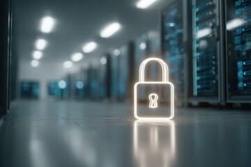 Glowing padlock symbol stands guarding a server room, showcasing data security and digital protection measures for confidential information and sensitive content.
