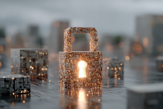 Conceptual image of a digital padlock illustrating network security and data protection against cyber threats, with a futuristic city skyline in the background.