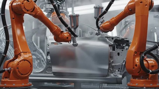 Automated Car Painting Line with Orange Robotic Arms Precision Spraying Silver Automotive Part in Bright Industrial Setting Production Enhancement and Manufacturing